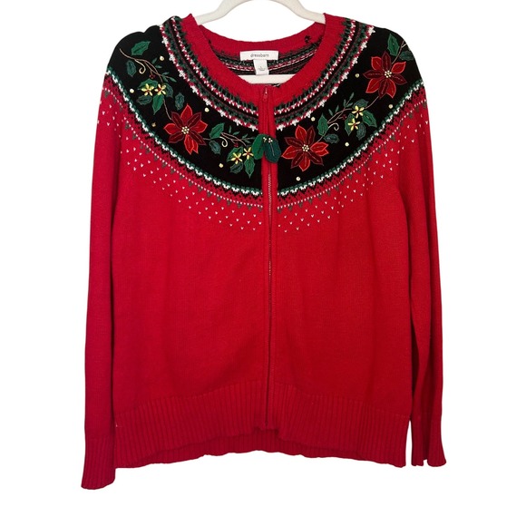 Dressbarn Size L Red Christmas Poinsettia Fair Isle Full Zip Christmas Sweater - Picture 1 of 6